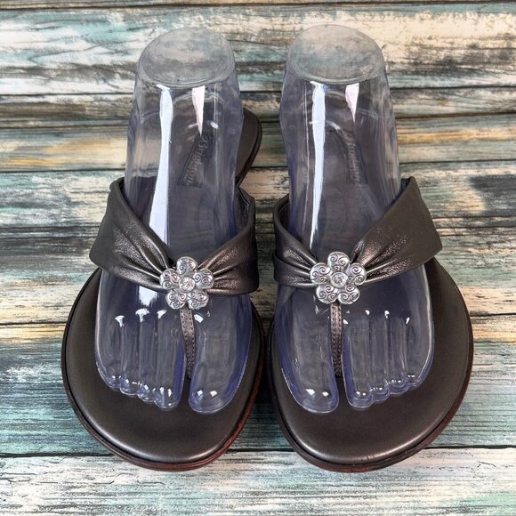 Brighton Shoes - Brighton Thong Sandal Womens Size 10 Gray Leather Metal Flower Rhinestone Accent